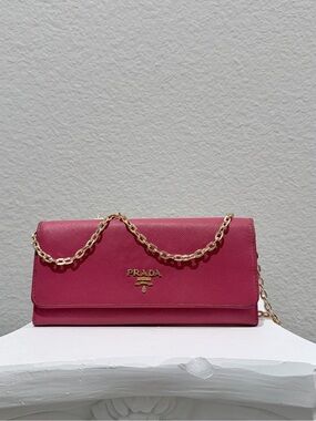 Authentic Prada Pink Saffiano Chain Clutch/Wallet.
